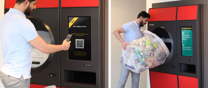 image of a man using a TOMRA R1 reverse vending machine